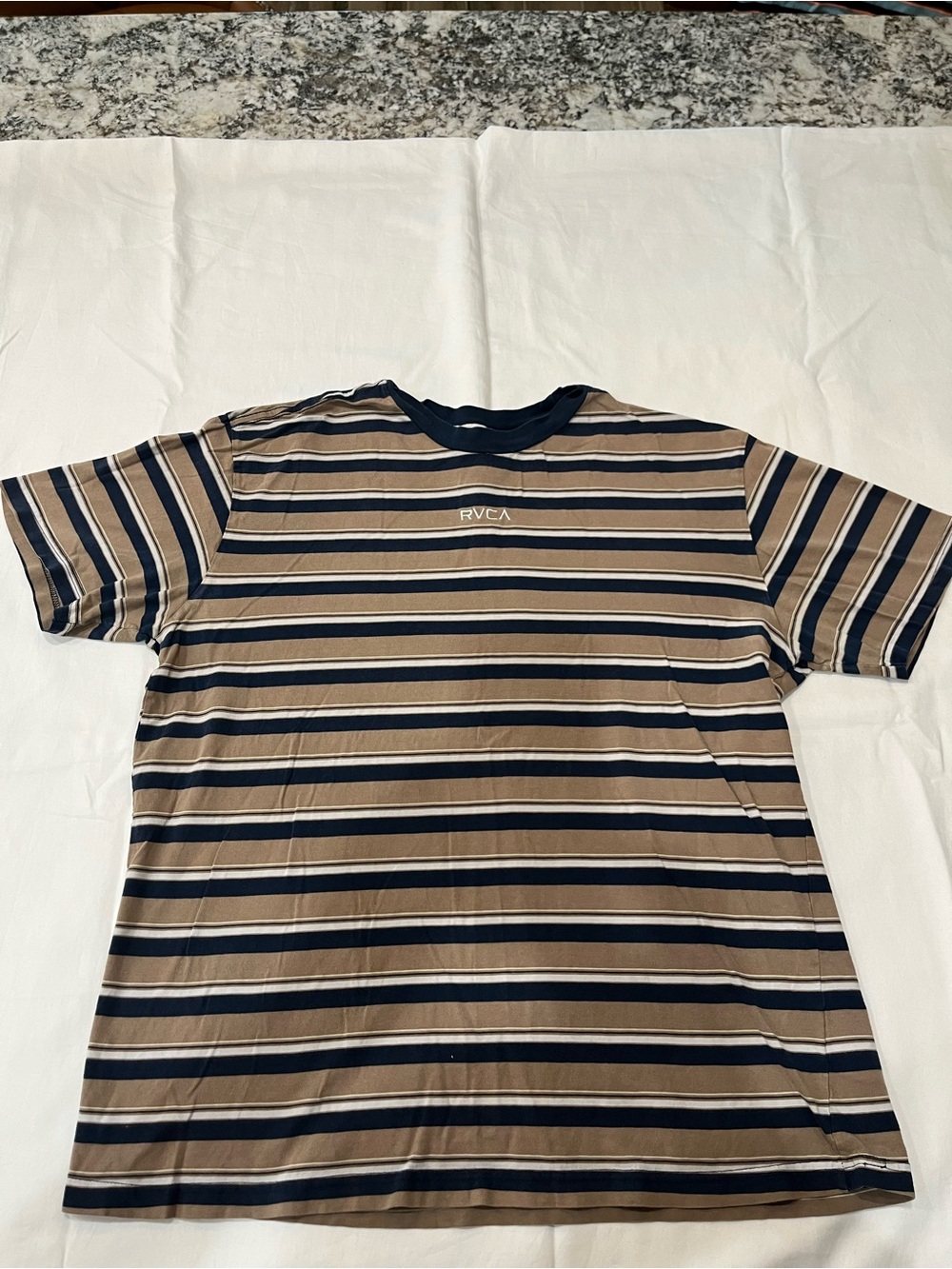RVCA Men’s Striped Tee in Tan, Navy & White
